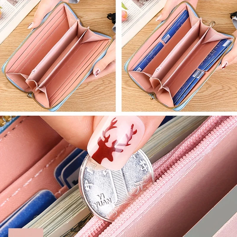 Lange portemonnee met bloemenreliëf, creditcardhouder van PU-leer, eenvoudige trendy telefoonmunt clutch portemonnee voor dames met de hand geschilderde portemonnee