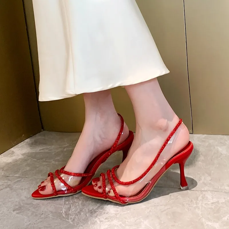 

New Luxury Thin Heel High Heels Women's Summer Fairy Style Sexy Shallow Mouth Back Hollow Pointed Water Diamond Open Toe Sandals