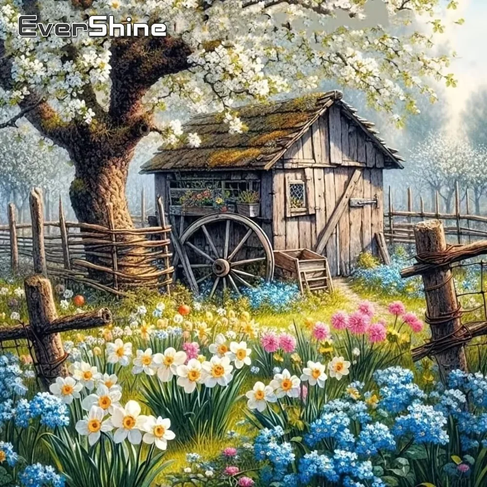 EverShine DIY Diamant-Stickerei Haus-Landschaftsgemälde Garten Vollquadrat Runde Diamant-Mosaik Blumen Baum Handarbeit