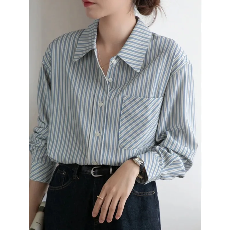 

Women's Light Blue Striped Button Down Shirt Casual Long Sleeve Chest Pocket Blouse