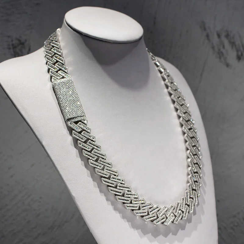 20MM Hip Hop Jewelry 925 Sterling Silver Gold Plated baguette Cuban Chain Moissanite Cuban link Chain Necklace image 3