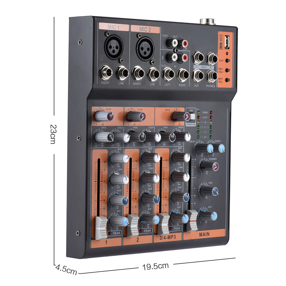 Draagbare 4-Kanaals Mic Lijn Audio Mixer Mixing Console 3-Band Eq Usb Interface 48V Phantom Power met Power Adapter