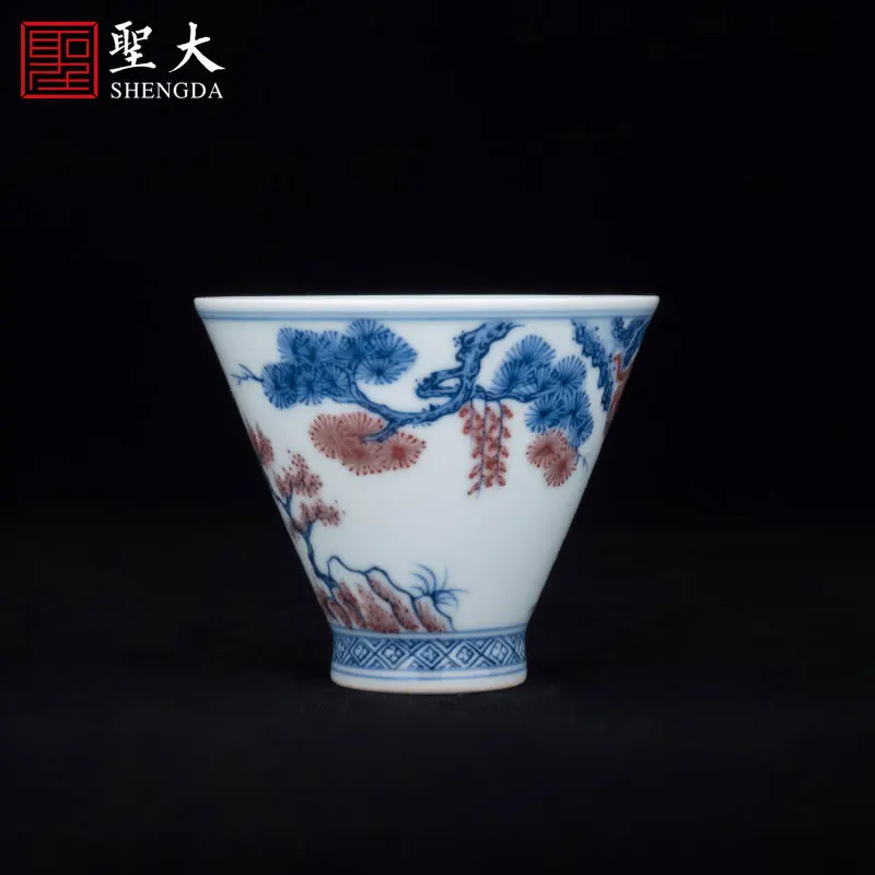 

|Guihong kiln blue and white underglaze red "pine monkey" Master Cup Jingdezhen hand-painted Kung Fu teacup high grade