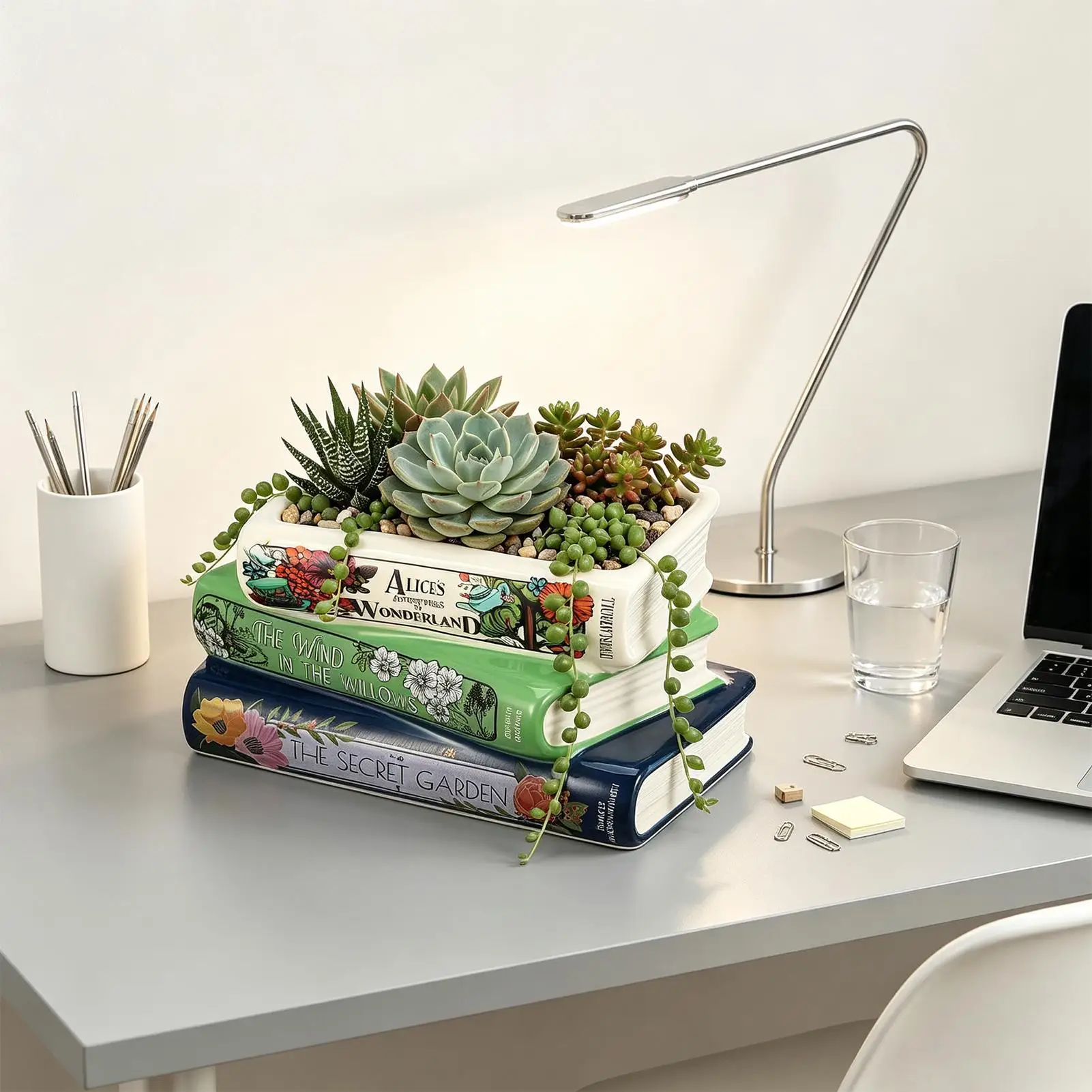 Ceramic Book Vase Aesthetic Plant Storage Table Centerpiece Three-layer Stacked Design Book Shaped Planter Pot for Kitchen
