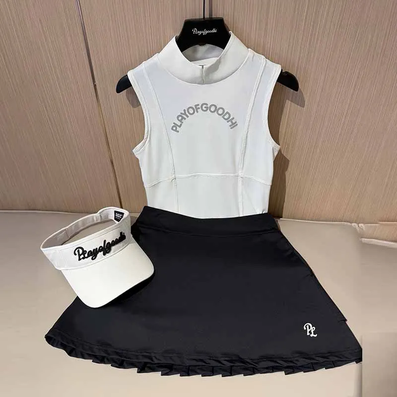PL Summer Golf Tank Tops Ladies Slim Quick-dry Sleeveless T-shirt Thin Breathable Shirt Pleated Double-Side Golf Tennis Skirt