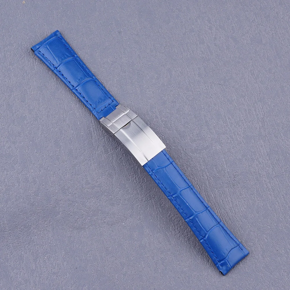 For Oyster GMT SKX Black Bay Watch band 20mm Blue Genuine Leather Strap with Middle Polish Gold Silver Brush Clasp Men