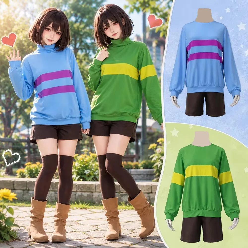 Undertale Frisk Cosplay Costume Striped Long Sleeved Pullover Adult Anime Game Halloween Holiday Casual Carnival Costume