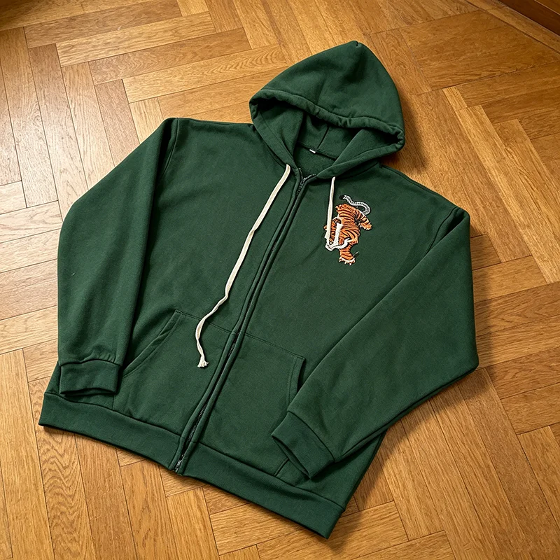 Moletom Verde com Capuz para Homens com Bordado Personalizado de Tigre, Jaqueta Cardigan de Manga Longa com Zíper Duplo, Tendência Streetwear