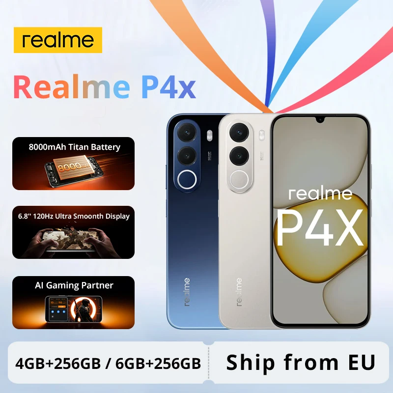 Nouveau Smartphone Realme P4x avec batterie 8000mAh, écran 6,8 pouces 120Hz, octocœur, partenaire de jeu AI, caméra 50MP, IP64 sans chargeur