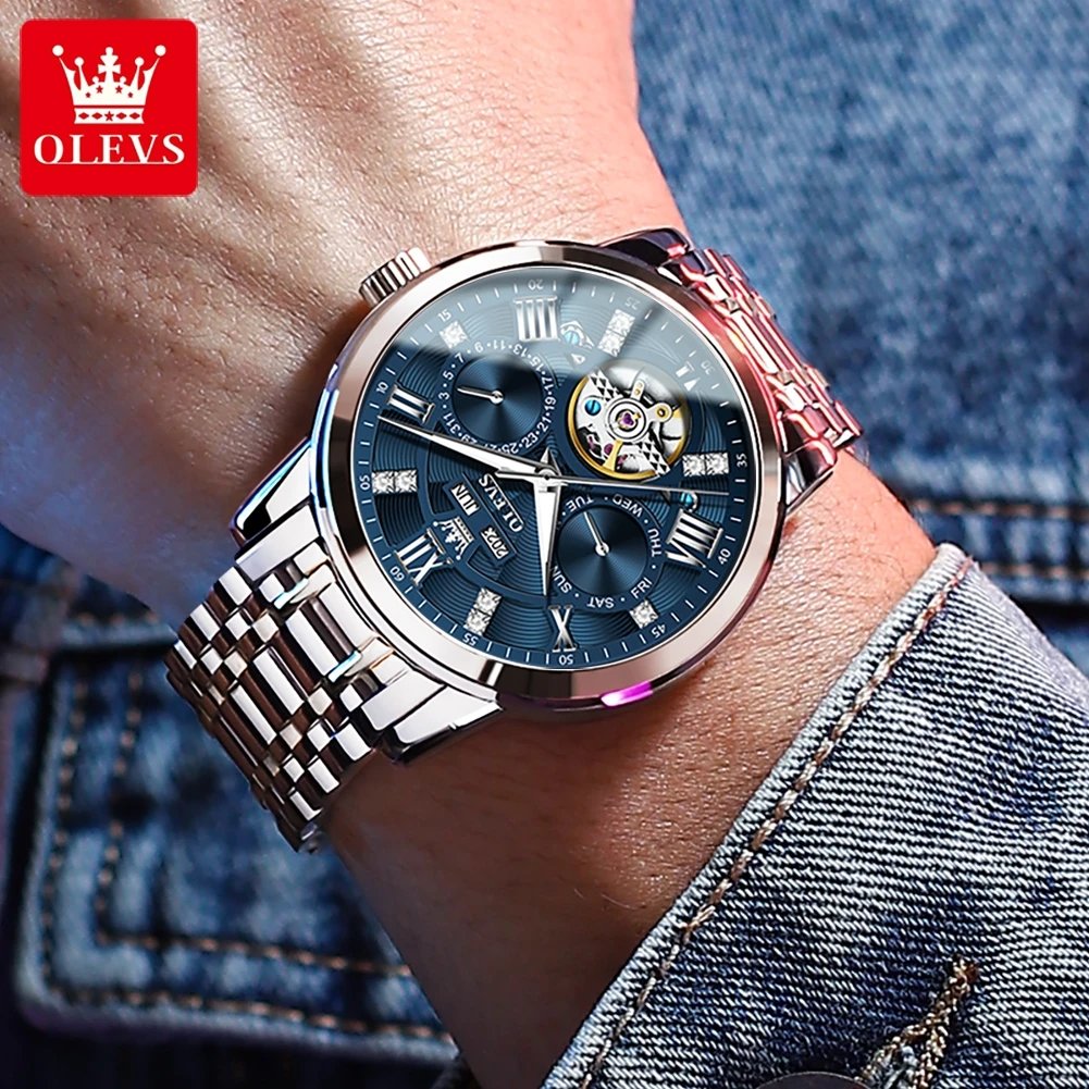 OLEVS Luxury Brand New Skeleton Automatic Mechanical Wrist Watches for Men Complete Calendar Classic Businesss Man Dress Watch