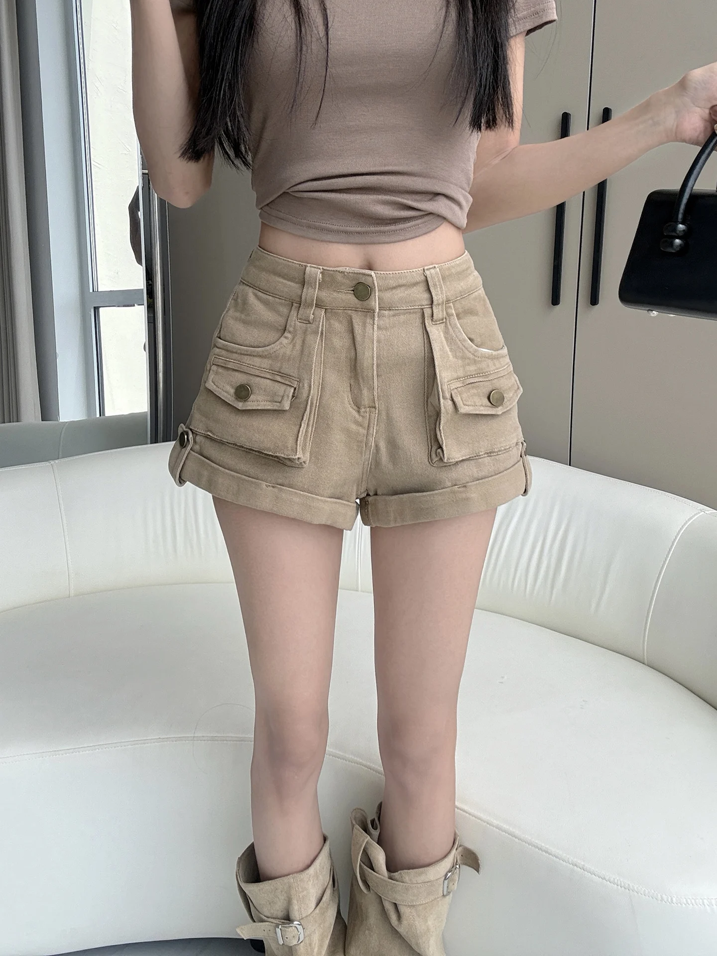 

American Style Washed Denim Shorts Women's Summer New Slim Straight Casual Hot Pants Cotton Village Natural Waist Jeans
