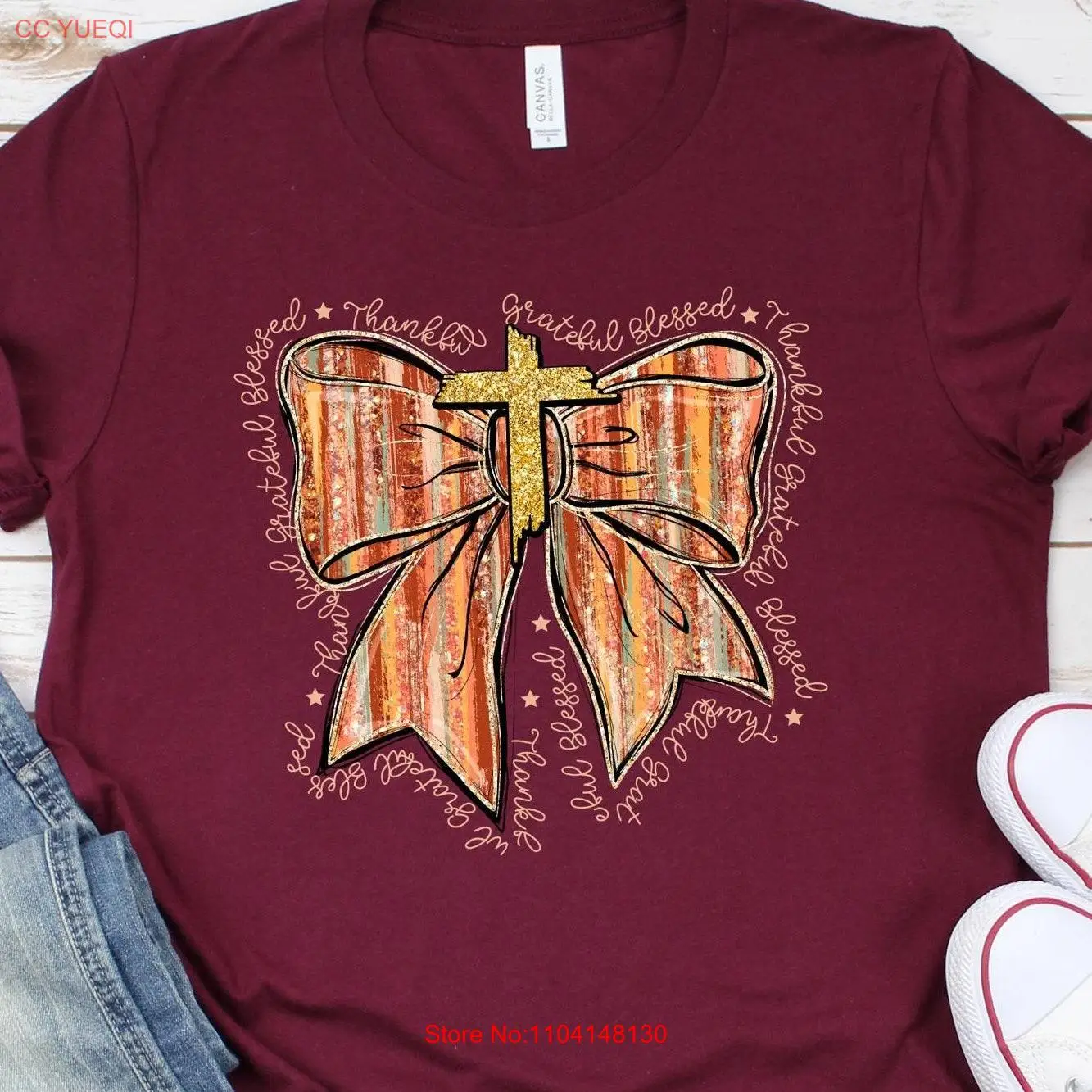 

Thanksgiving T Shirt Thankful Grateful Blessed Trending Coquette Bow Christian Fall Outfit long or short sleeves