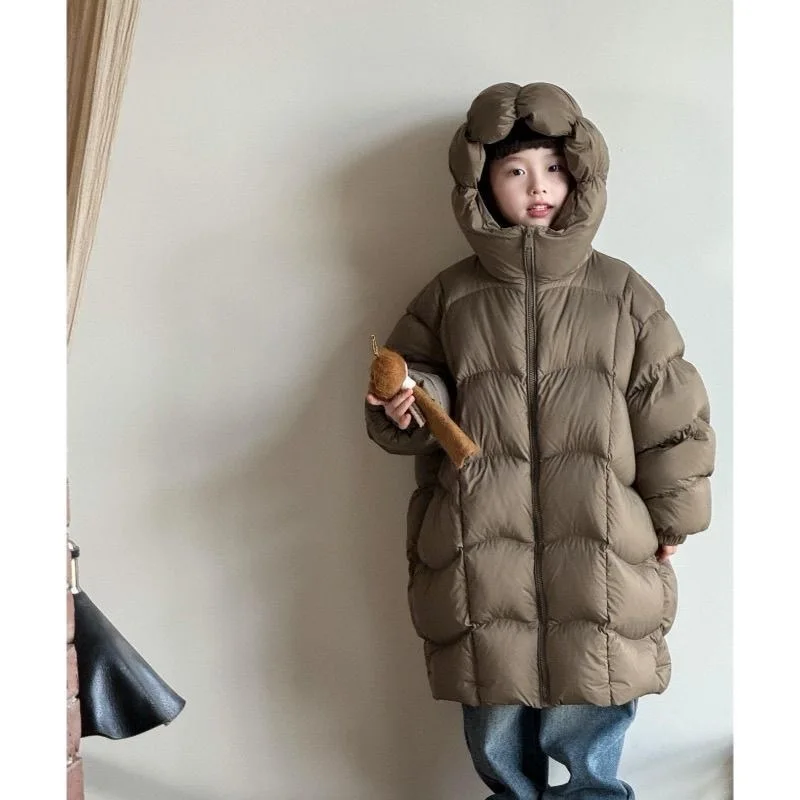 

2025 New Winter Extreme Cold Series Mid to Large Children's Long Over Knee Solid Color Hooded Cotton Jacket