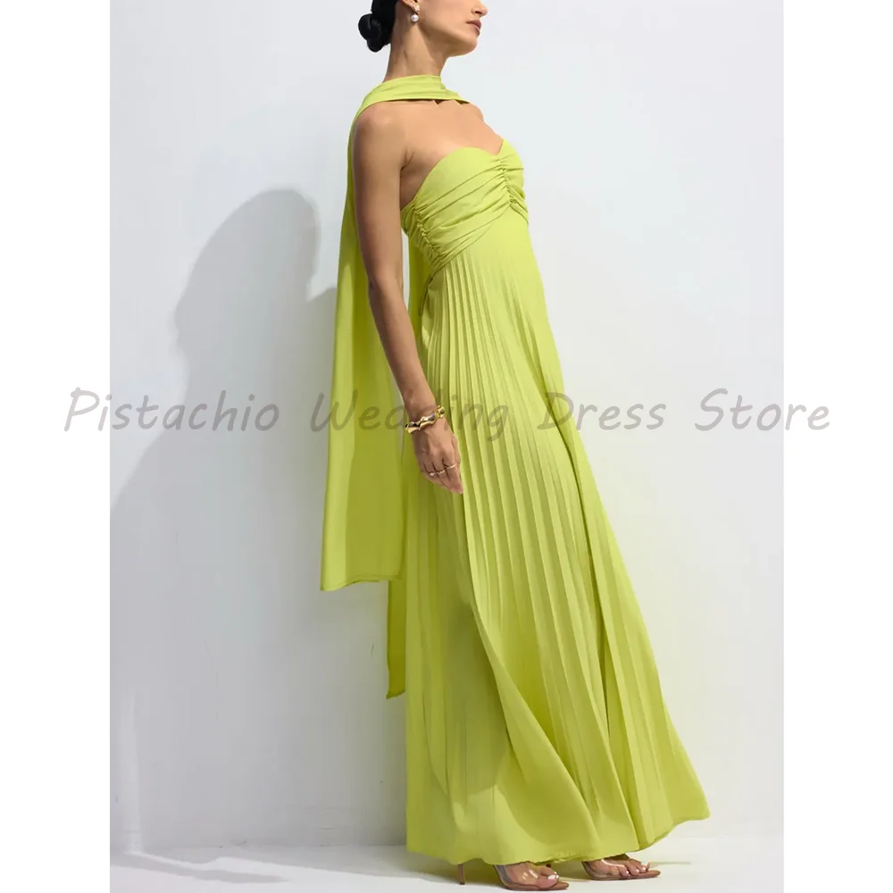 

Lime Green One Shoulder Pleated Maxi Dress 2026 Luxury Ruched Sleeveless Formal Evening Gown With Cape For Women