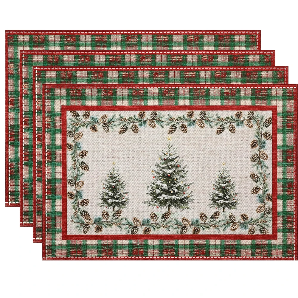 Retro kariertes Weihnachtsbaum-Tischset aus Leinen, rechteckiger, rutschfester Esstisch für die Küche, Heimdekoration, Essentials