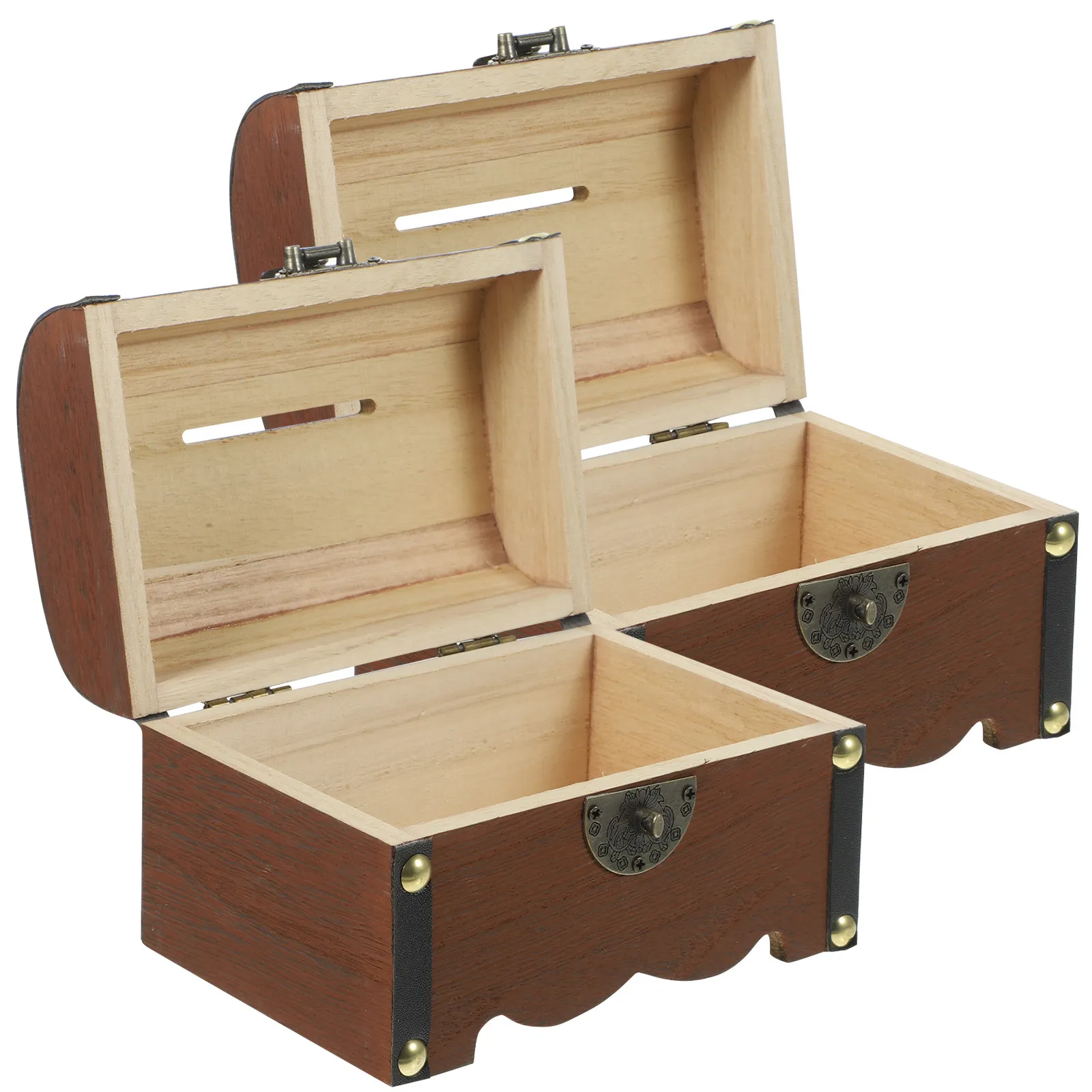 Caja de madera con forma de cofre del tesoro, hucha vintage con detalles de cobre, contenedor de almacenamiento retro para joyería, cosméticos, artículos diversos, regalo, 2 uds.