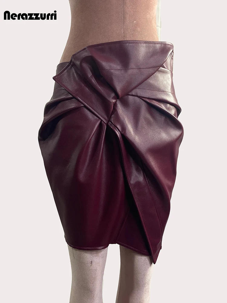 Nerazzurri Spring Summer Wine Red Patchwork Pu Leather Mini Skirt Women High Waist Elegant Chic Luxury Designer Clothing 2024