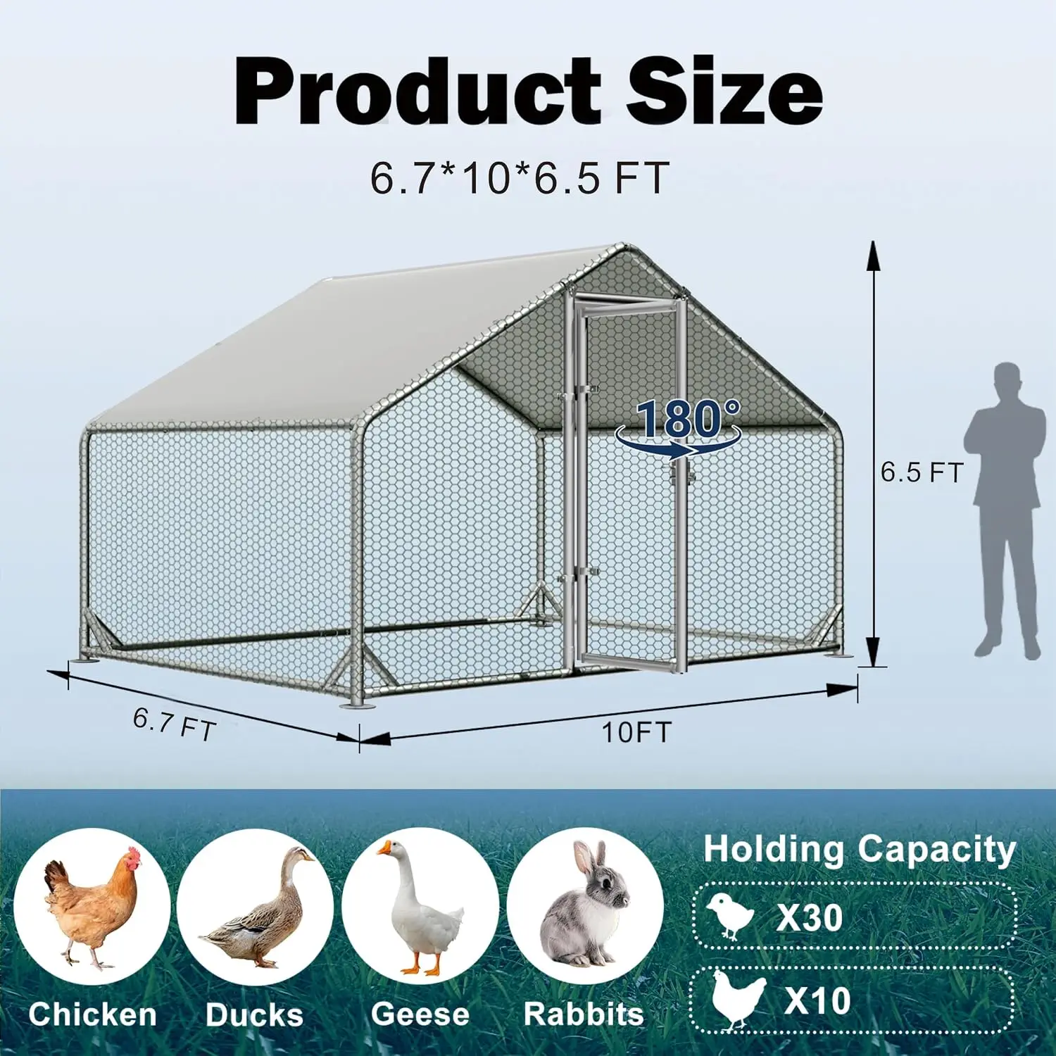 Walk-in Chicken Coop 6.7x10x6.5ft Outdoor Run with Galvanized Steel Frame PVC Mesh Waterproof Cover for Poultry, Customized