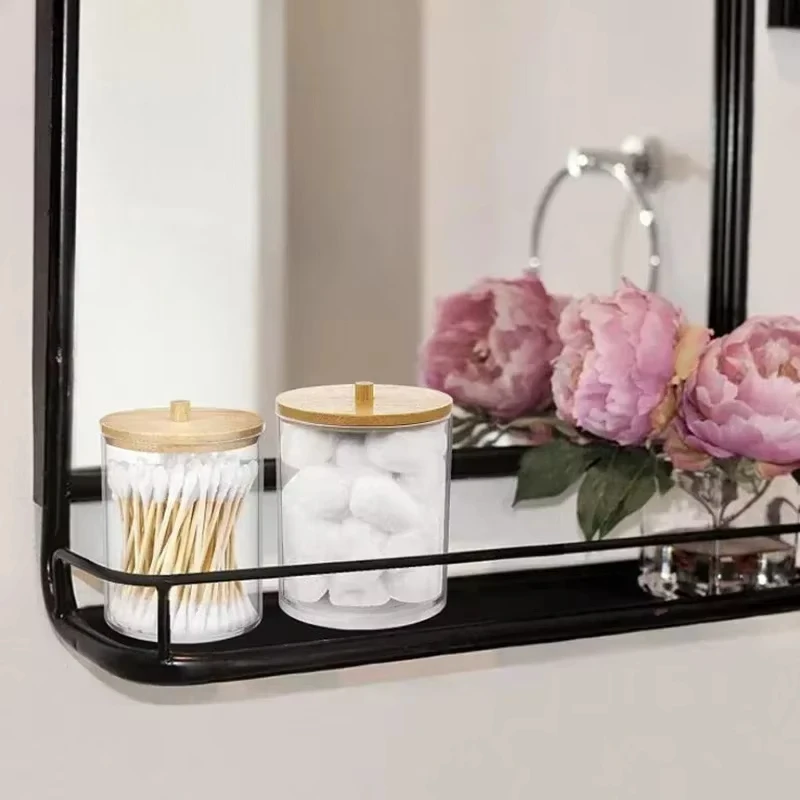 Caja de almacenamiento acrílica, tarro de baño, organizador de maquillaje, soporte redondo para almohadilla de algodón, caja para bastoncillos, dispensador de soporte Qtip con tapa de bambú