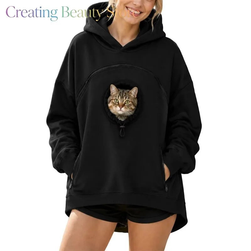 Pet Matching Outfit Thick Flannel Fleece Hooded Sweatshirt Oversized Warm Loungewear with Pet Holding Pocket