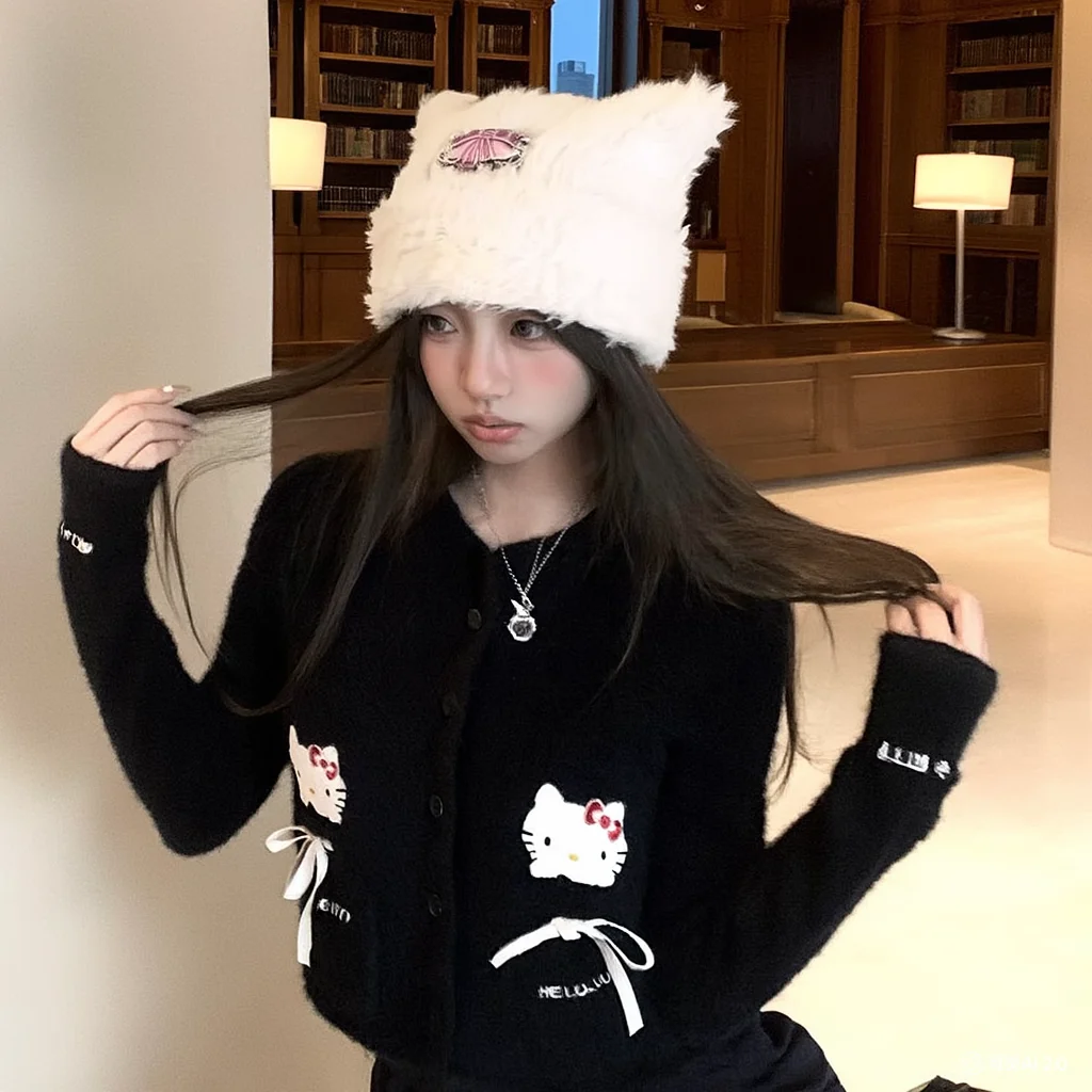 

Свежий сладкий Kawaii Hello Kittys Нишевая литература милый ретро американский стиль Ленивый вязаный свитер с круглым воротником Корейская версия Девушка