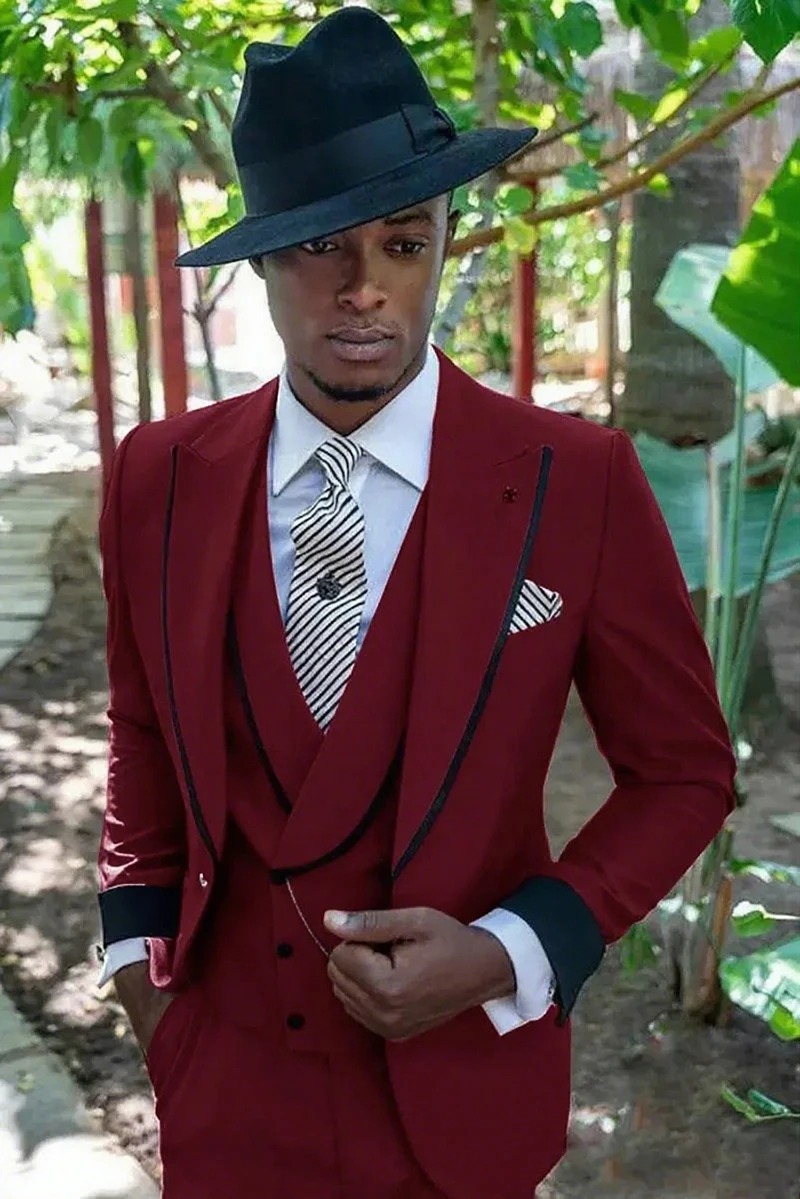 

Temperament Men's 3 Piece Suit Contrast Trim Blazer Vest Pants Set Ideal for Wedding Prom Dinner Events.Men's Stage Costume