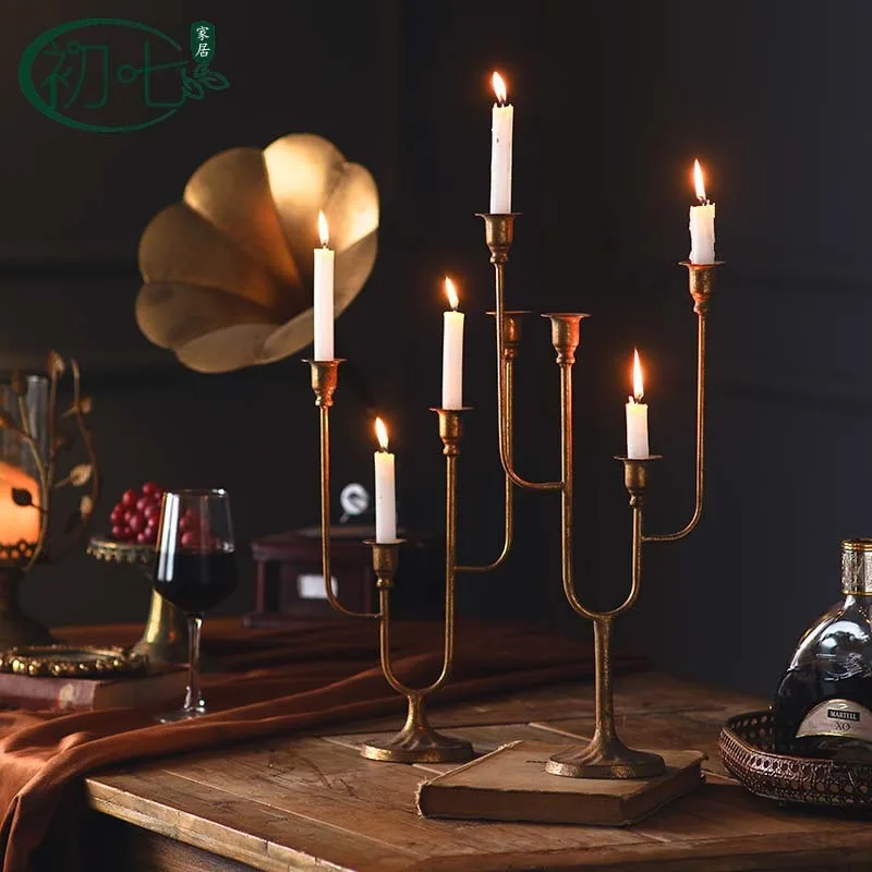 European retro three-headed creative candle holder ornament antique gold candle light dinner decoration candle holder dining tab