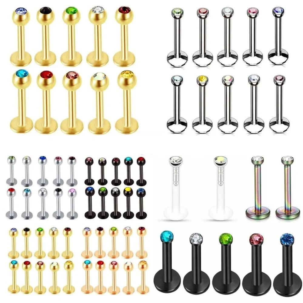 

10X 16g Multicolour Crystal Labret Monroe Lip Ring Bar Internally Externally Threaded Ear Tragus Stud Piercing Set