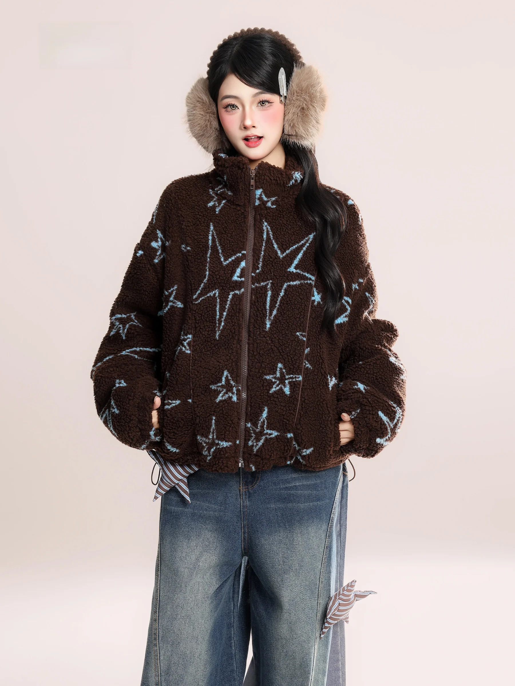 

Женская зимняя теплая свободная куртка HM в американском ретро-стиле из хлопка с воротником-стойкой, вельветовая, с цветными блоками и звездами