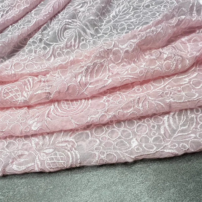 Translucent Pink and Green Silk Embroidery Lining Three-Dimensional Embroidery Hollow Silk Skirt and Top Fabric