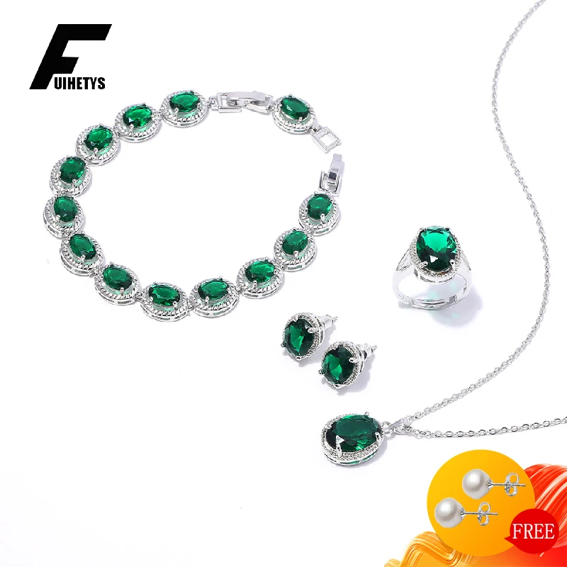 

FUIHETYS 925 Silver Jewelry Set Ring Earrings Necklace Bracelet with Zircon Gemstone Accessories for Women Wedding Party Gift