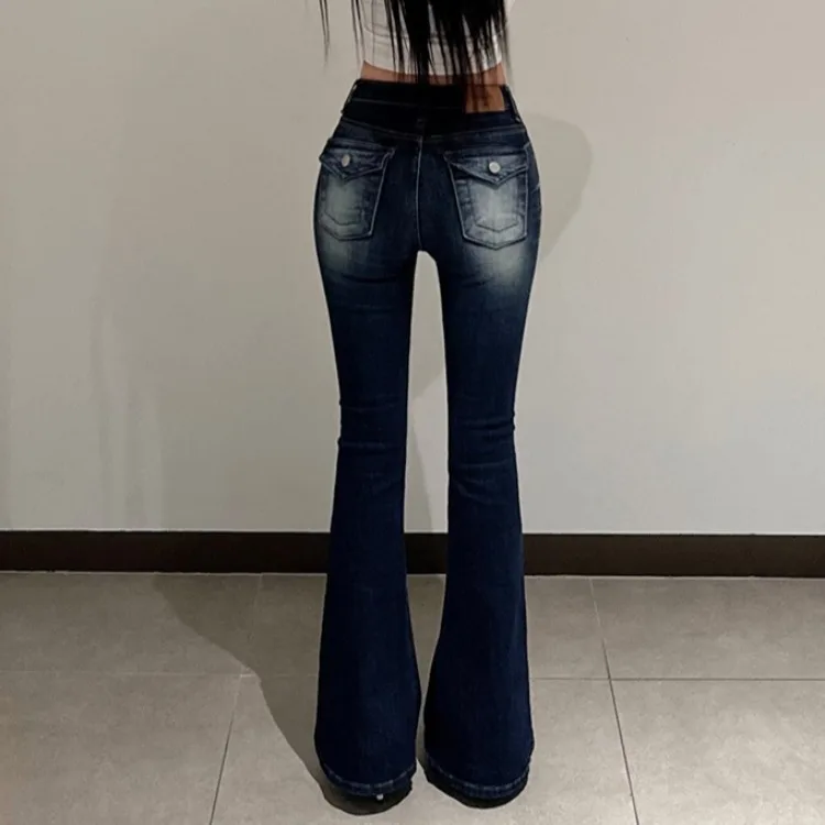 Korean Style High Waist Stretchy Slim Fit Cartoon Leg Bell Bottom Jeans Women Casual Pure Desire Wide Leg Denim Pants