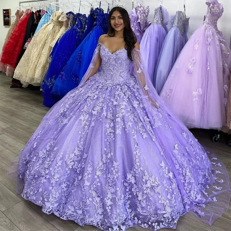 Customized Lavender Lace Butterfly Ball Gown 15 Year Old Quinceanera Dresses with Cape Pocket 3D Flowers Birthday Party Gowns