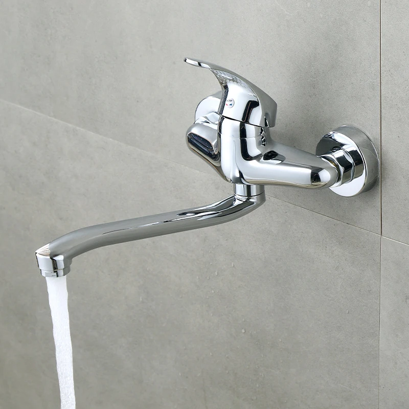 

Kitchen Faucet 360 Swivel Long Spout Wall Mounted Double Holes Single Handle Hot And Cold Water Mixer Mop Pool Sink Balcony Tap