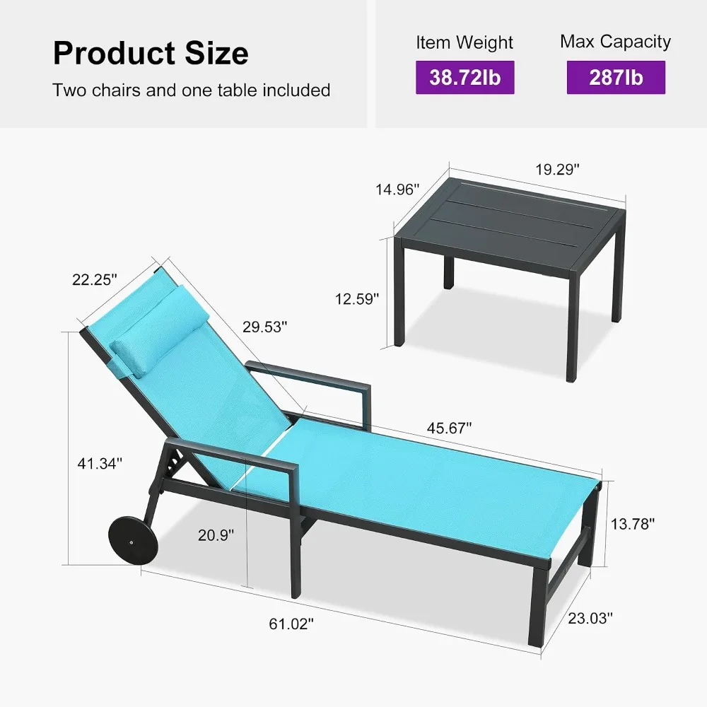 Patio Lounge Chair Set of 3 Outdoor Chaise Lounger Aluminum Frame with Armrest Side Table and Wheels for Pool, Customized