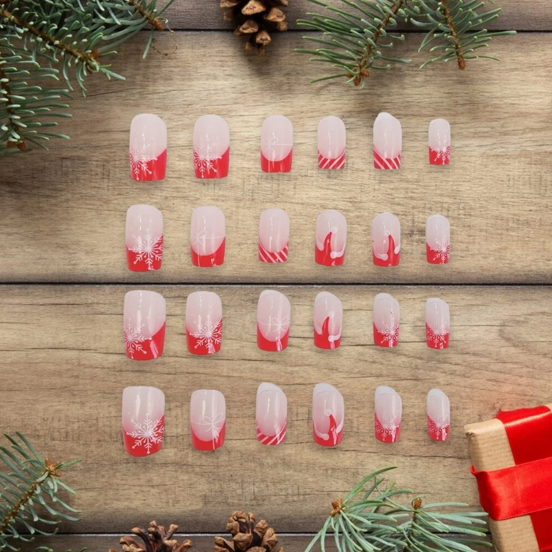 d'ongles à pression festifs noël, 24 pièces, carrés moyens, flocons neige, ongles artificiels pour des vacances