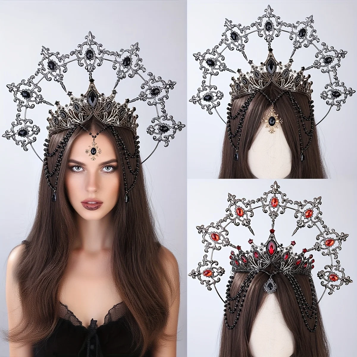 Ladies' Dark Red Crystal Crown Set | Black silver entwined with red crystals, paired with black bead tassels, exuding a cool Got