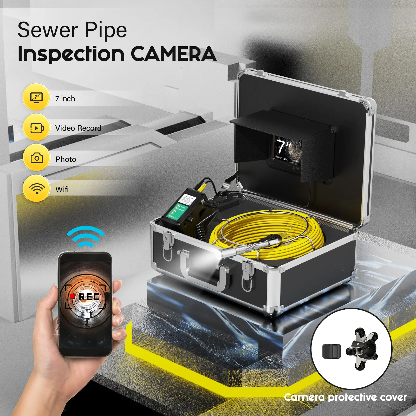 Sewer Pipe Inspection Camera with WiFi Wireless/512HZ Pipe Locator DVR IP68 23MM Endoscope Camera  HD 1000TVL 7