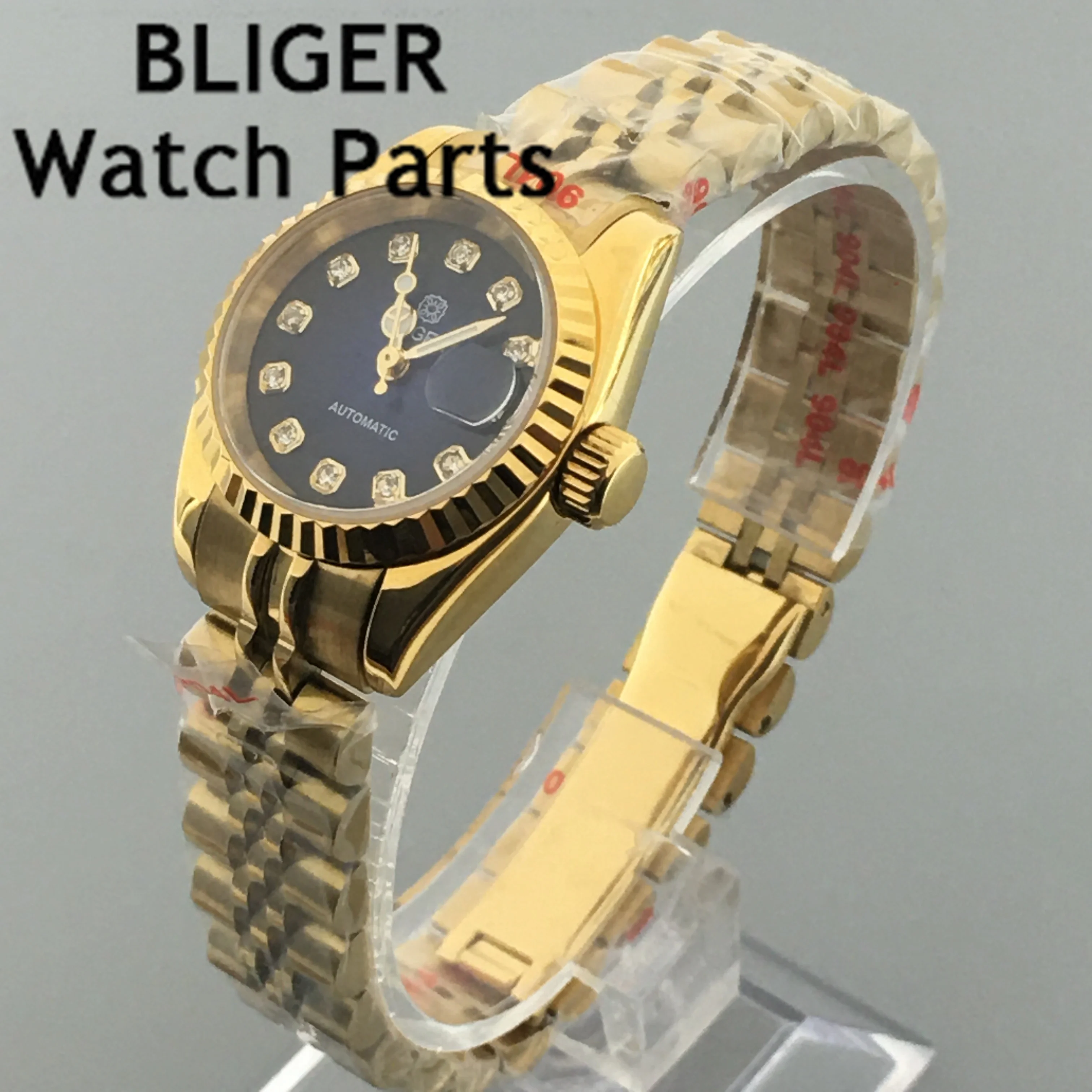 BLIGER 26mmNH05A Automatic Women Watch Sapphire Glass Two Tone Rose Gold Red Green Dial Diamond Index Steel Bracelet