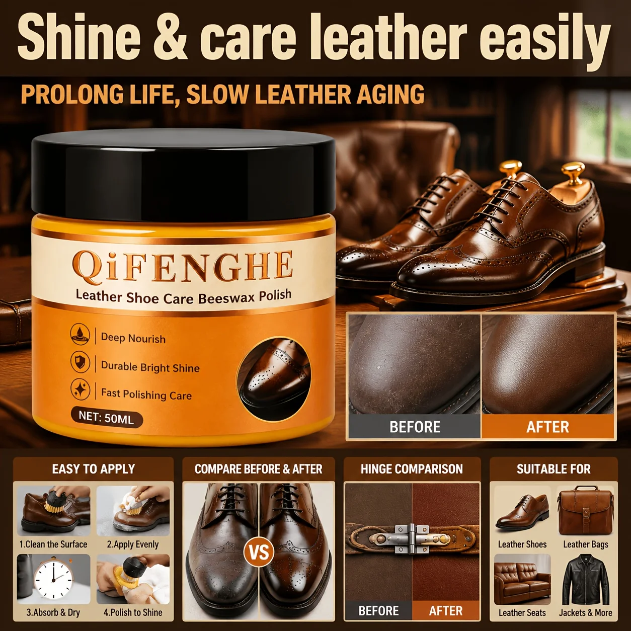 50G Leather Conditioner with Beeswax for Saddle Derby Oxford Shoes Loafers - Deep Nourish Durable Bright Shine Instant Gloss