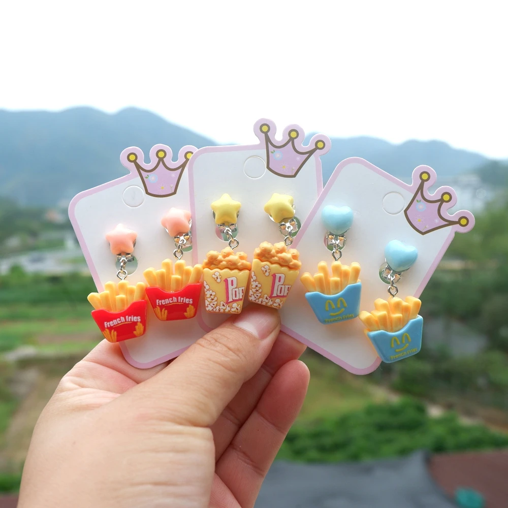 Cute French Fries Popcorn Coffee Earclip Girl's Ear Clip Without Ear Holes Cartoon Earrings Ear Jewelry
