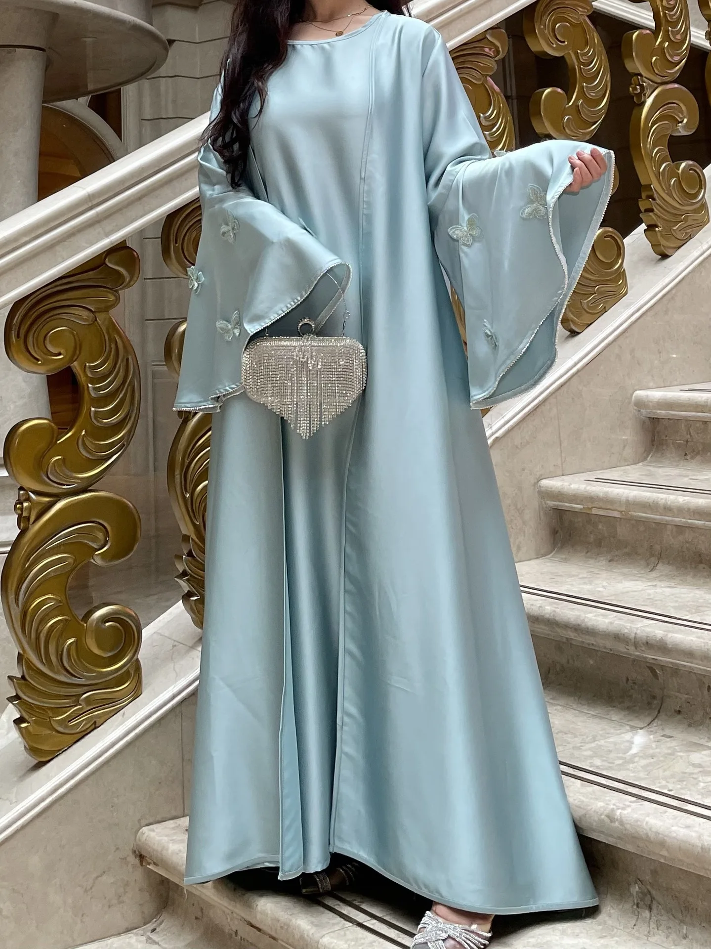 Femmes musulmanes Abaya robe 2 pièces ensemble papillon Satin à lacets marocain Caftan robe intérieure Musulman Ensembles Cadigan tenue costumes
