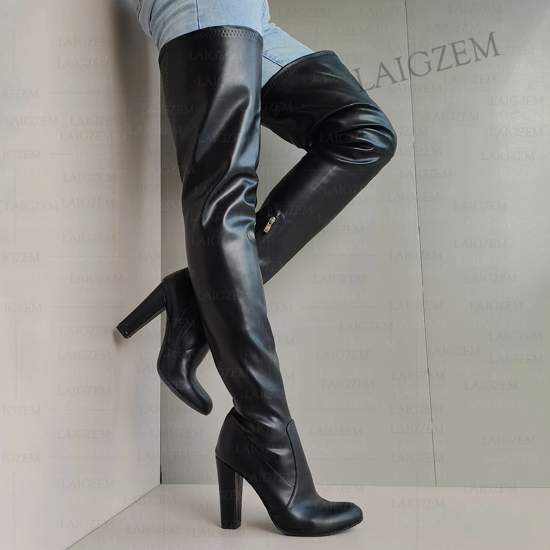 LAIGZEM Women Over High Boots Zip Up Thick High Heels Boots Faux Leather Thigh High Boots Ladies Shoes Woman Big Size 44 47 52