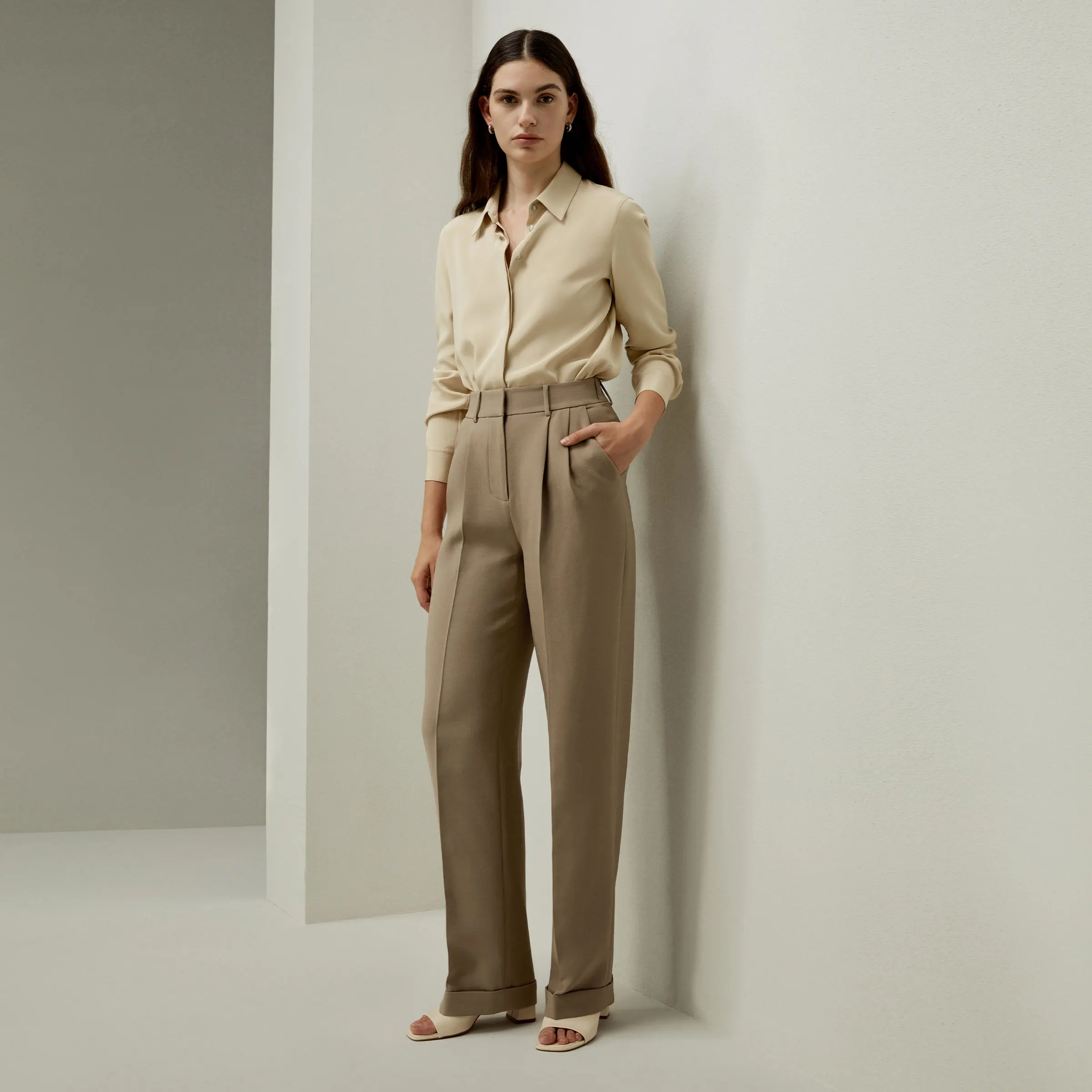 LILYSILK Silk-Wool Blend Khaki Minimalist Trousers