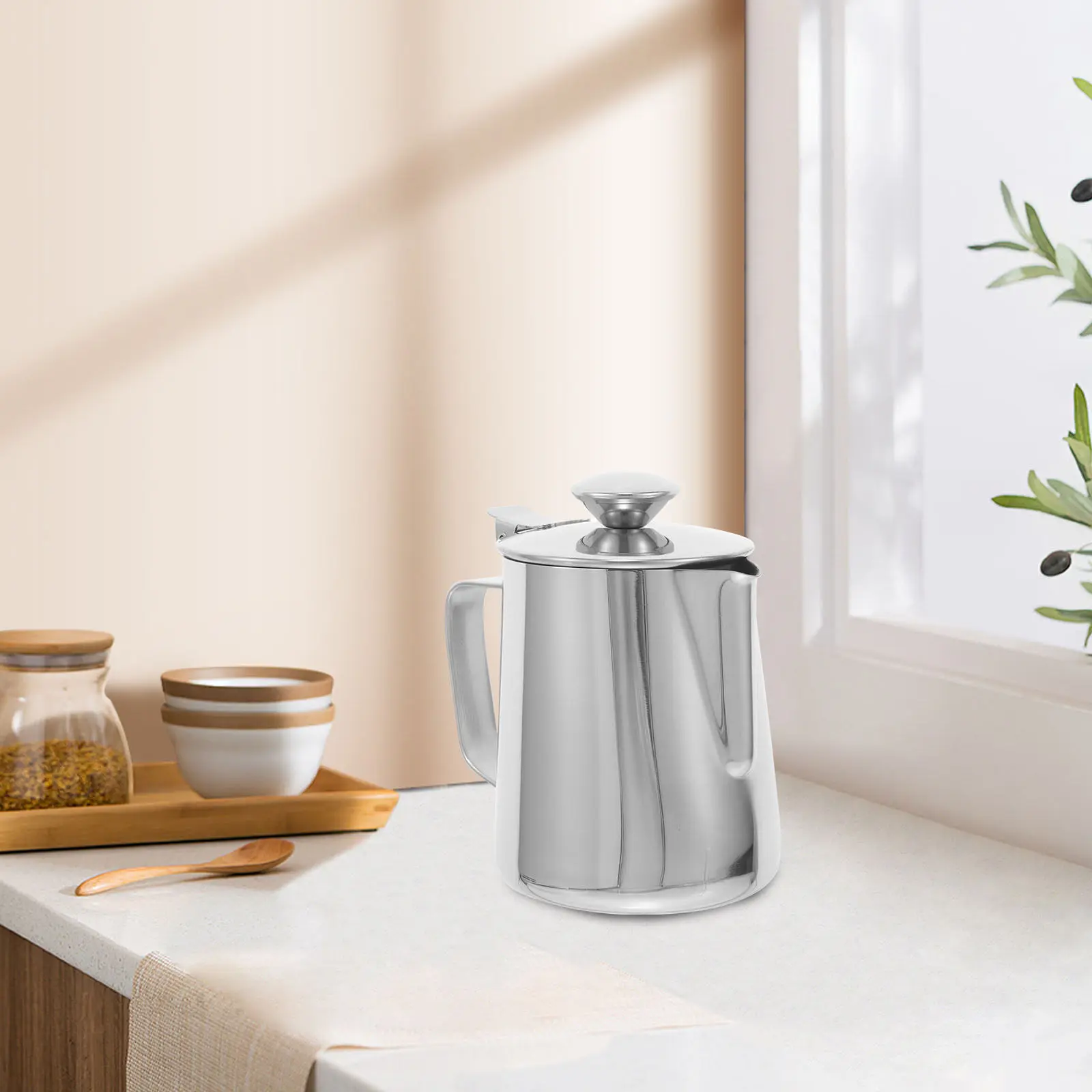 

Stainless Steel Espresso Frothing Cup Metal Milk Frothing Pitcher Lid Design Long Lasting Use Home Kitchen Milk Frother Cup