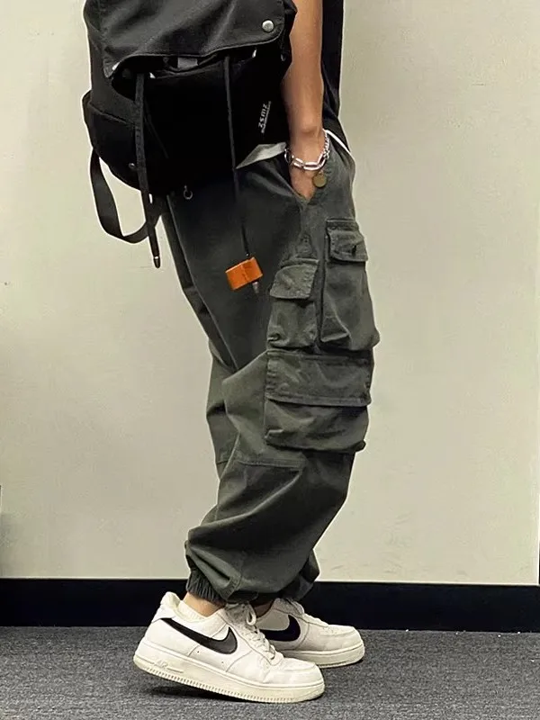 

Мужские рабочие брюки в американском стиле большого размера, модные свободные брюки-карго с множеством карманов, повседневные брюки с отворотами, прямые, свободного кроя