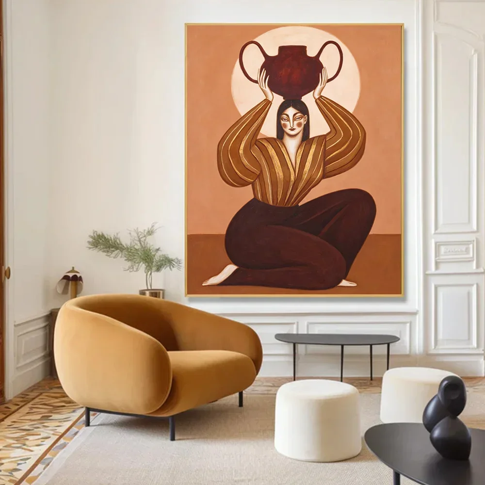 (No frame)Abstract Woman Portrait Canvas Painting Modigliani Style Female Figure Wall Art Neutral Earth Tone Poster Print for
