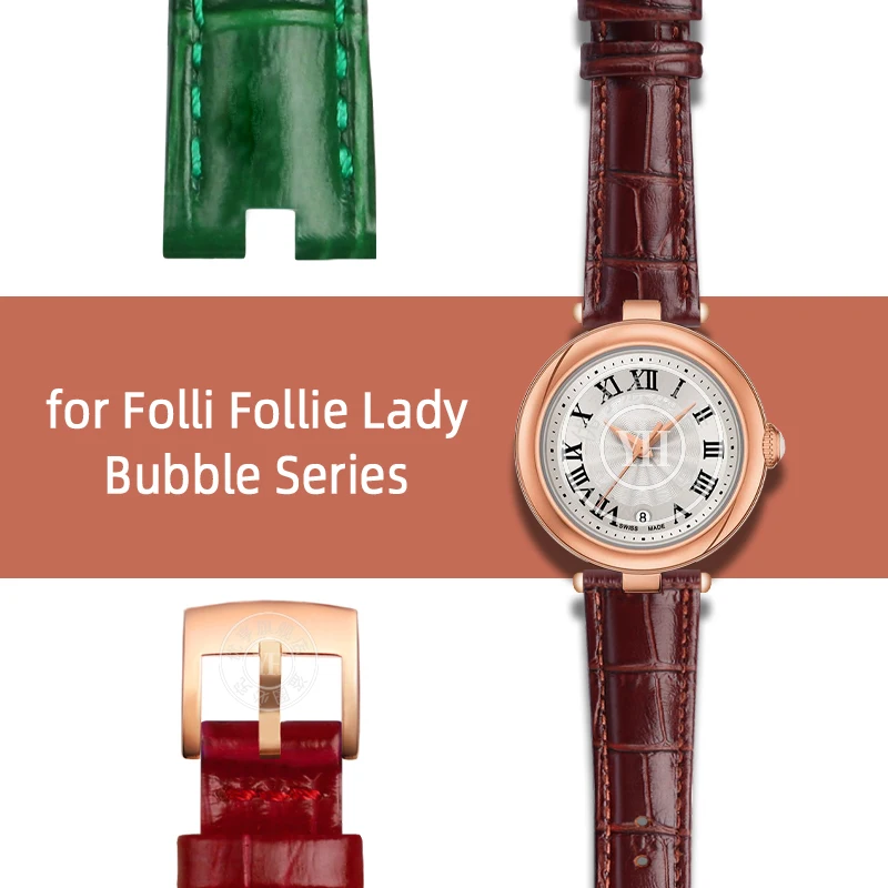 Genuine Leather Watch Band for Folli Follie Lady Bubble Series Notch Pin Buckle Watch Bracelet Women\'s Watch Strap