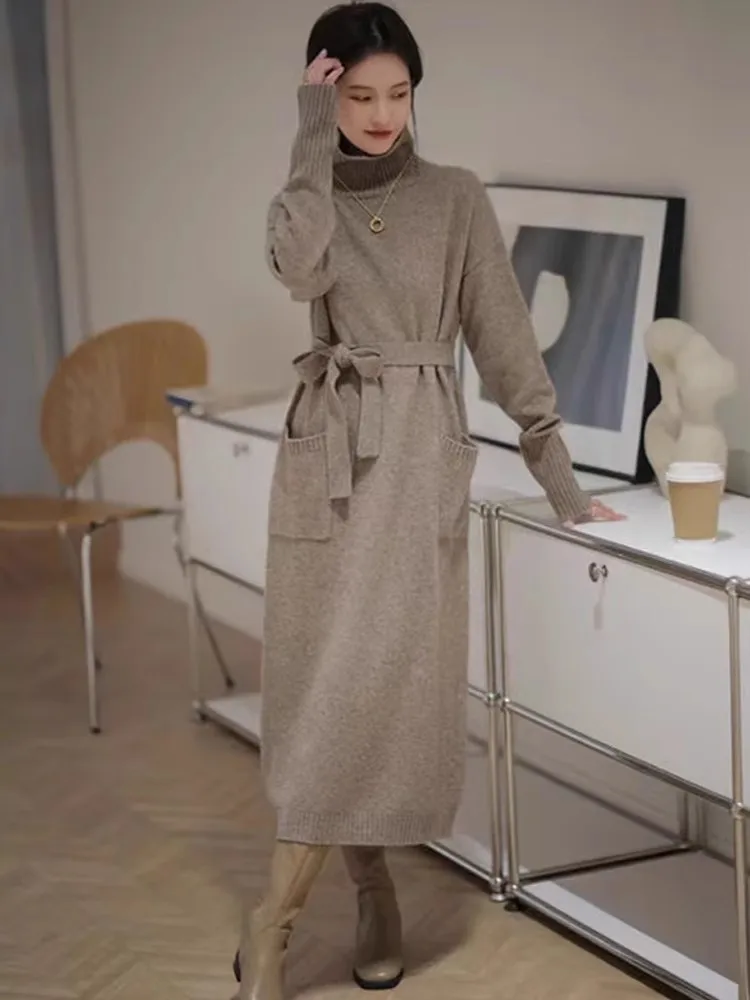 

Autumn and Winter Retro Medium Long High Neck Solid Color Pocket Knit Sweater Long Skirt Women's Fashion Slim Long Skirt Sweater