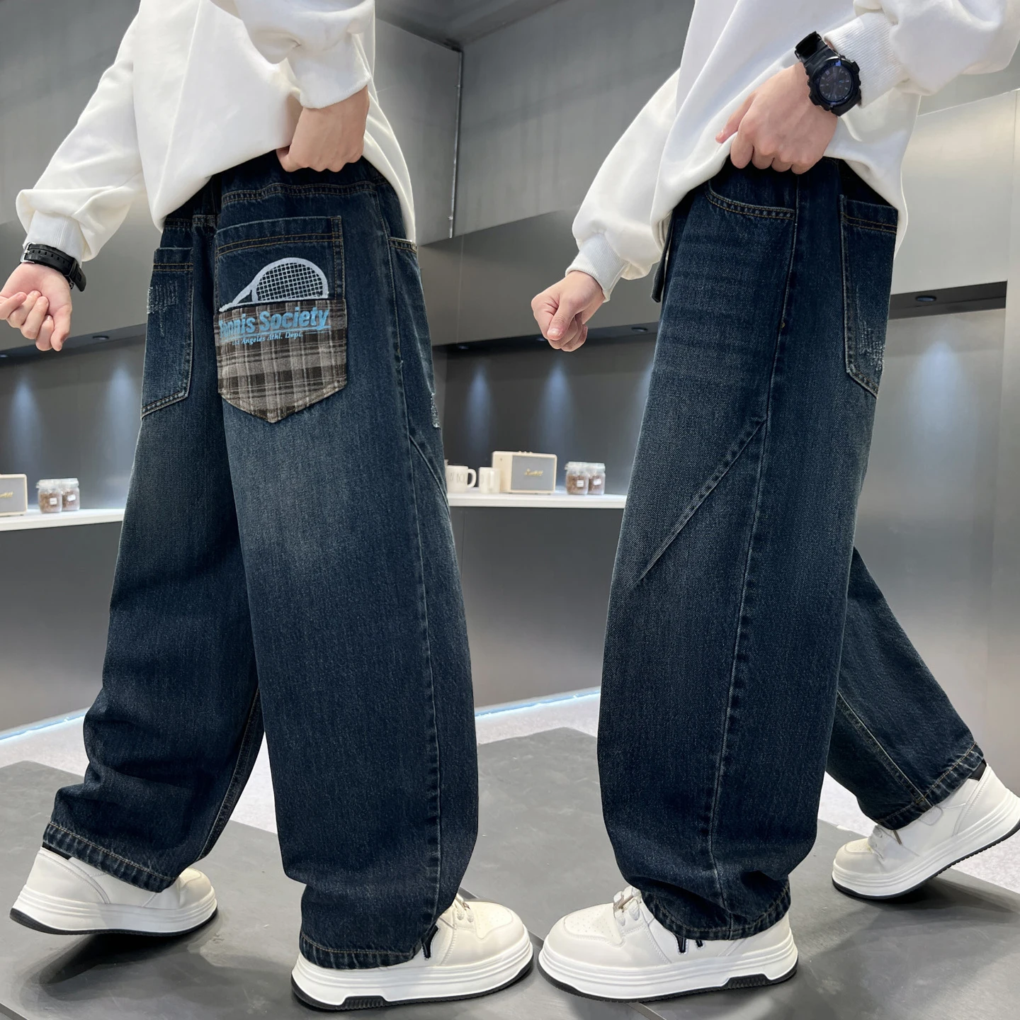 

Boys denim autumn retro wide-leg pants autumn back pocket plaid splicing straight pants suitable for 5-15-year-old children's